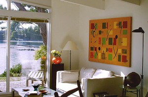 This series of abstract paintings looks very strong in a modern setting. "Your Move" is painted on a layered background of various shades of yellow, iridescent gold and bronze, and ochre. The design is in yellow, light and olive greens and red clay with black accents. Size 70" x 50". Stretched and mounted onto 1.5" deep stretcher bars - no need for framing. Price $1500. SOLD All paintings shown here are signed originals, acrylic on canvas. 